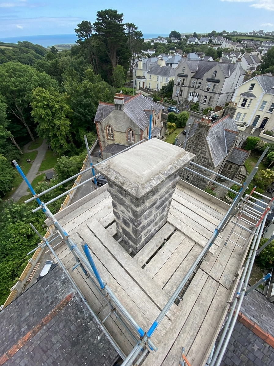 Restored chimney stack with repointed brickwork and new lead flashing in North Wales