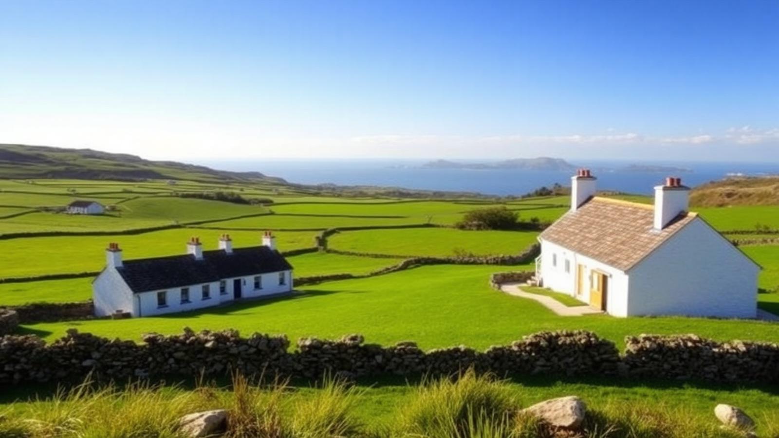 Anglesey farmland with whitewashed slate-roofed cottages near the coast