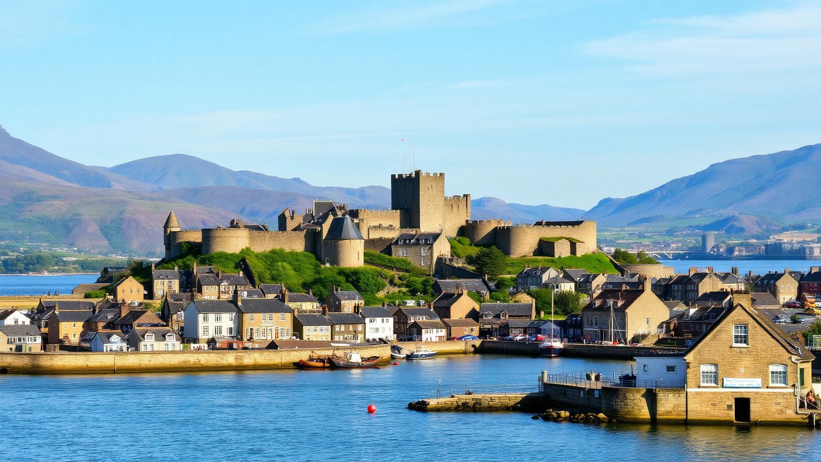 Caernarfon castle and slate-roofed harbour town on the Menai Strait